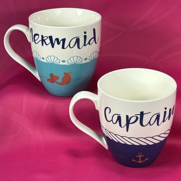 Pair of Cypress Home colorful coffee Mugs. Mermaid & Captain - Picture 2 of 5